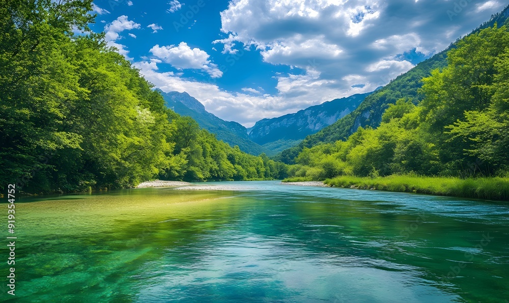 Fototapeta premium Beautiful view of the emerald green storm river in the painterly style of an artist, surrounded by lush forest and mountains in Europe. 