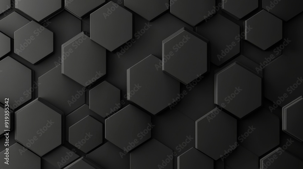 Deep black and charcoal hexagon pattern, subtle glossy finish, minimalistic design, geometric symmetry, modern and sleek texture, perfect for backgrounds