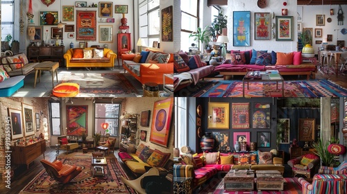 An eclectic lounge with mismatched furniture, vibrant artwork, and unique decorative pieces. photo