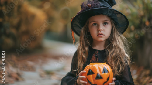 Little Girl in Witch Costume with Pumpkin in Autumn Forest