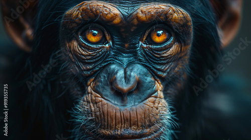 a close-up of a chimpanzee's face with large, round, yellow eyes. photo