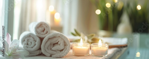 Rolled Towels with Orchids in Candlelit Spa