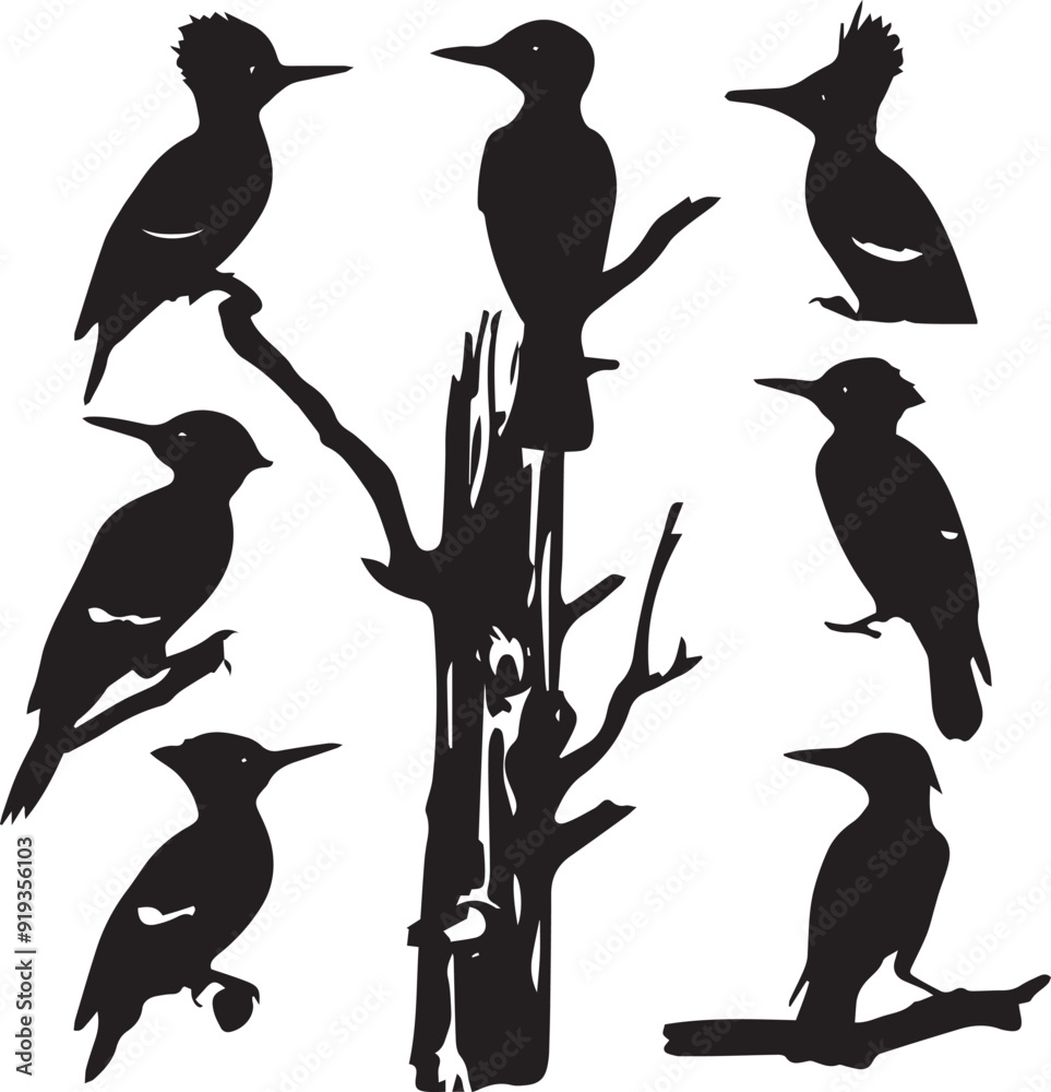 Naklejka premium Wood Tree Bird Dark Silhouette Shapes Vector Set