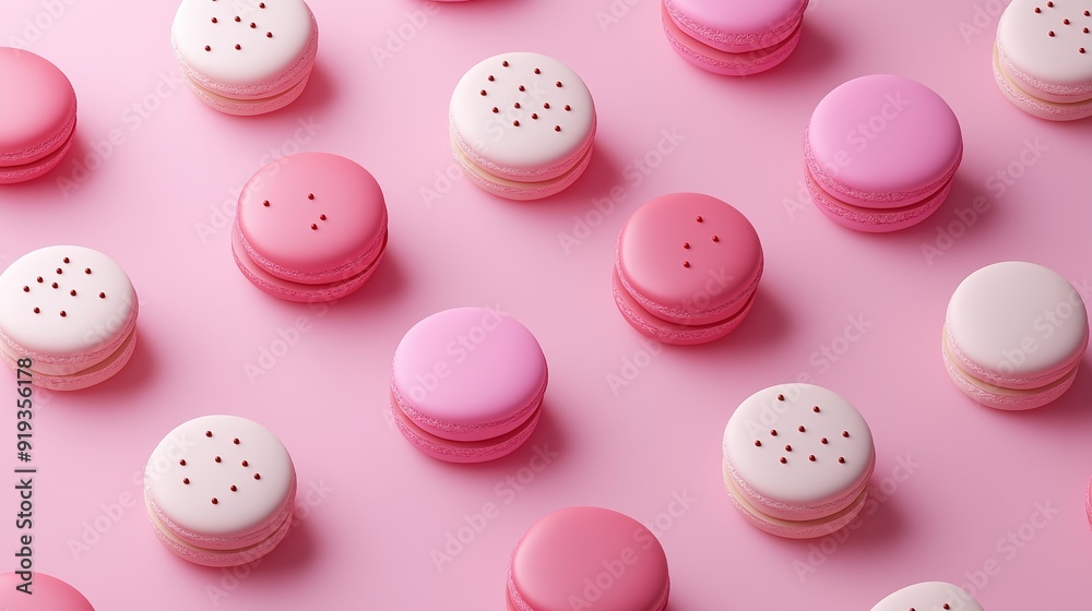 A close up of pink and white macarons. A close up of pink and white macarons.