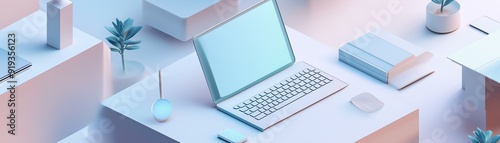 A minimalist workspace with laptop with a blank screen