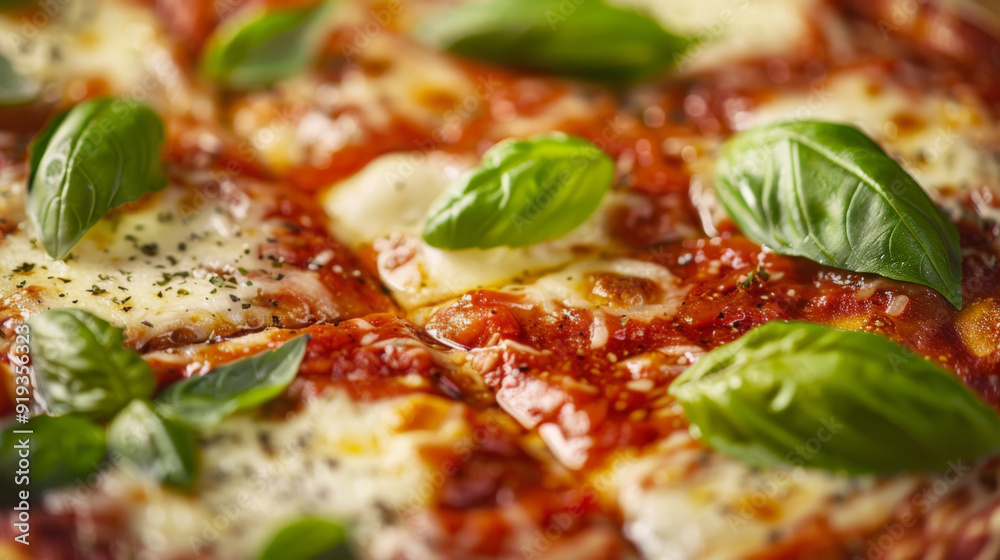 Close-Up of Fresh Margherita Pizza with Basil Leaves Close-Up of Fresh Margherita Pizza with Basil Leaves