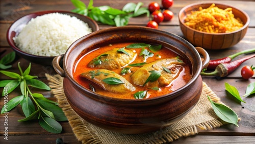 Vibrant orange fish curry simmers in a traditional Kerala-style clay pot, surrounded by fresh curry leaves and steaming white rice, evoking Indian coastal cuisine. photo