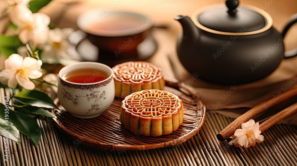 Fototapeta premium Traditional mooncakes with a tea set, presented for the Mid-Autumn Festival, capturing the festive spirit and cultural heritage of the holiday.
