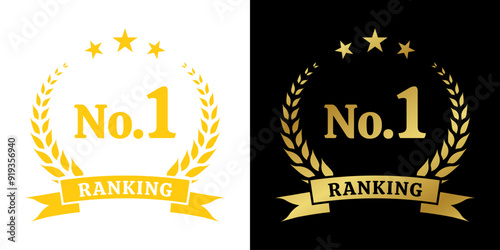 Ranking award. No. 1 rank icon. First place emblem with laurel wreath. Number 1, Best choice golden label or badge. Vector illustration.