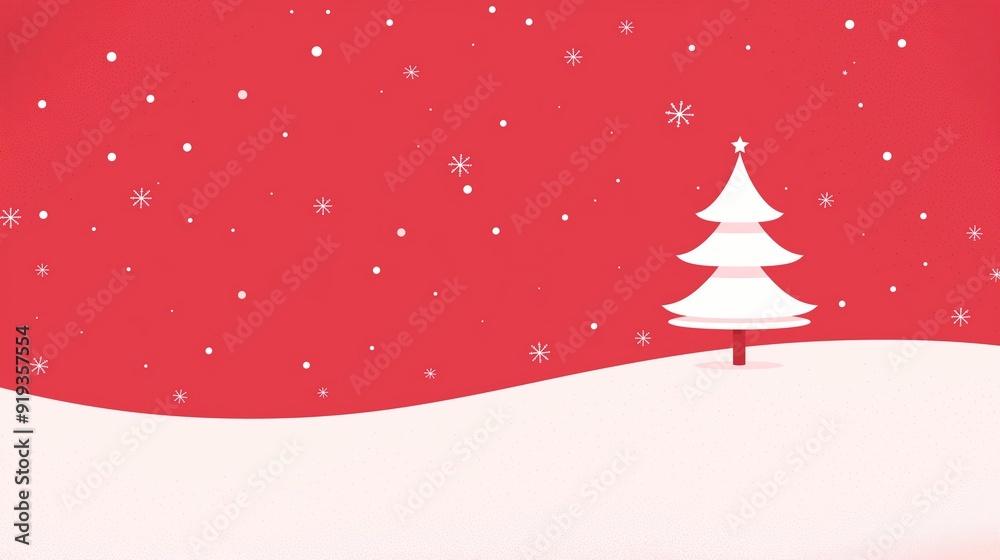 Minimalist Snowy Christmas Scene with White Tree on Red Background, Snowflakes Falling Minimalist Snowy Christmas Scene with White Tree on Red Background, Snowflakes Falling