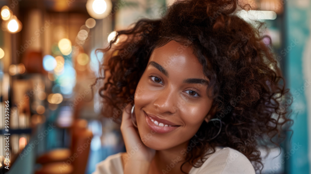 Woman with Curly Hair Smiling in Cozy Cafe Woman with Curly Hair Smiling in Cozy Cafe