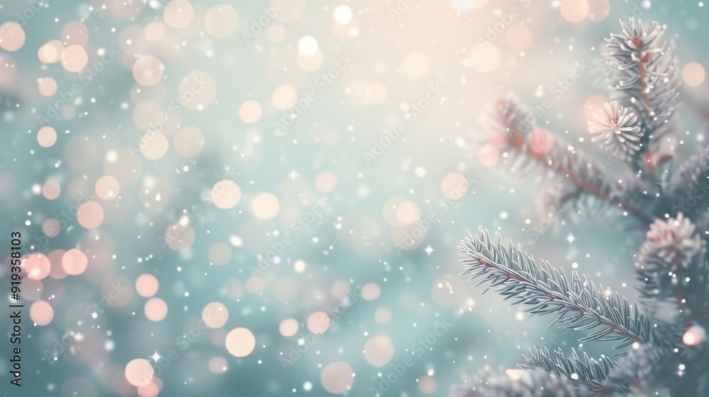 Glittery Bokeh with Snowflakes and Pine Tree Branch in Winter Wonderland Holiday Scene with Soft Light Glittery Bokeh with Snowflakes and Pine Tree Branch in Winter Wonderland Holiday Scene with Soft Light