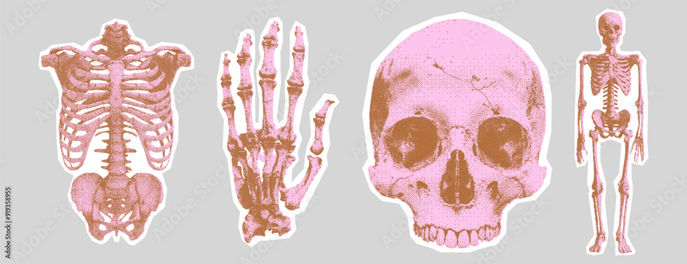 Human skeleton, skull, hand. Monochrome halftone collage elements in retro bitmap style for scrapbook, poster art or t-shirt. Cutout dotted stickers with grain texture.