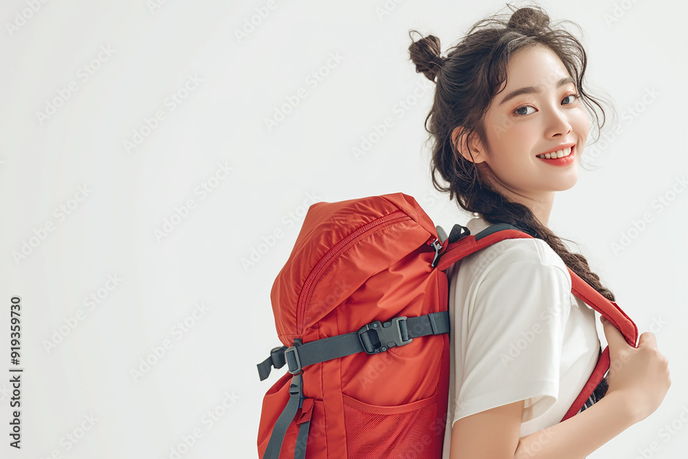 Beautiful young women with backpacks, students, college students go to school and back to school. Travelers, backpackers Beautiful young women with backpacks, students, college students go to school and back to school. Travelers, backpackers