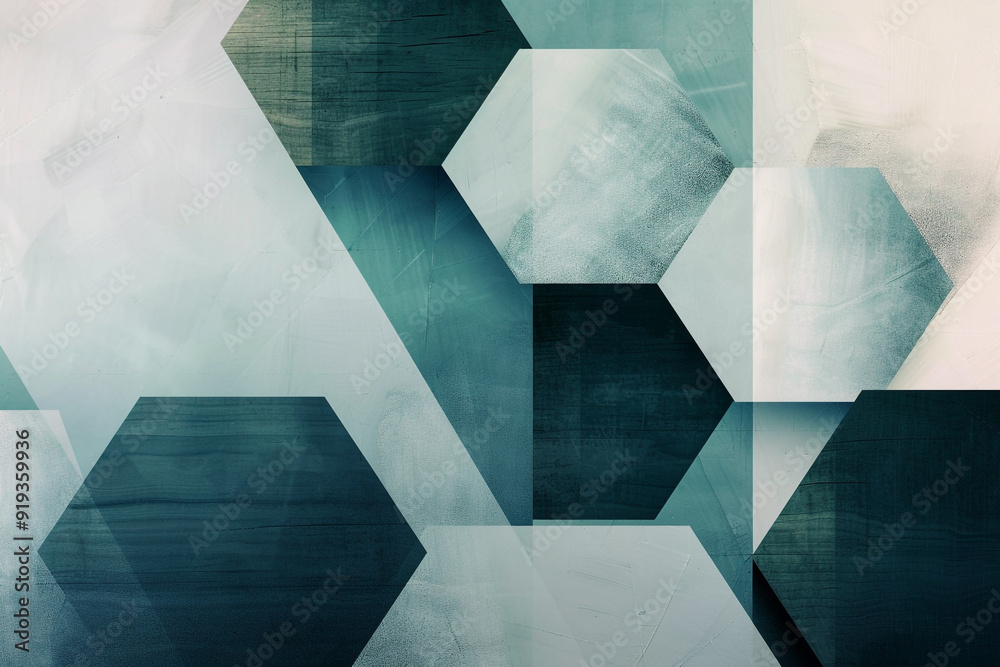 Contemporary geometric design with layered hexagons and a cool, calming color scheme.