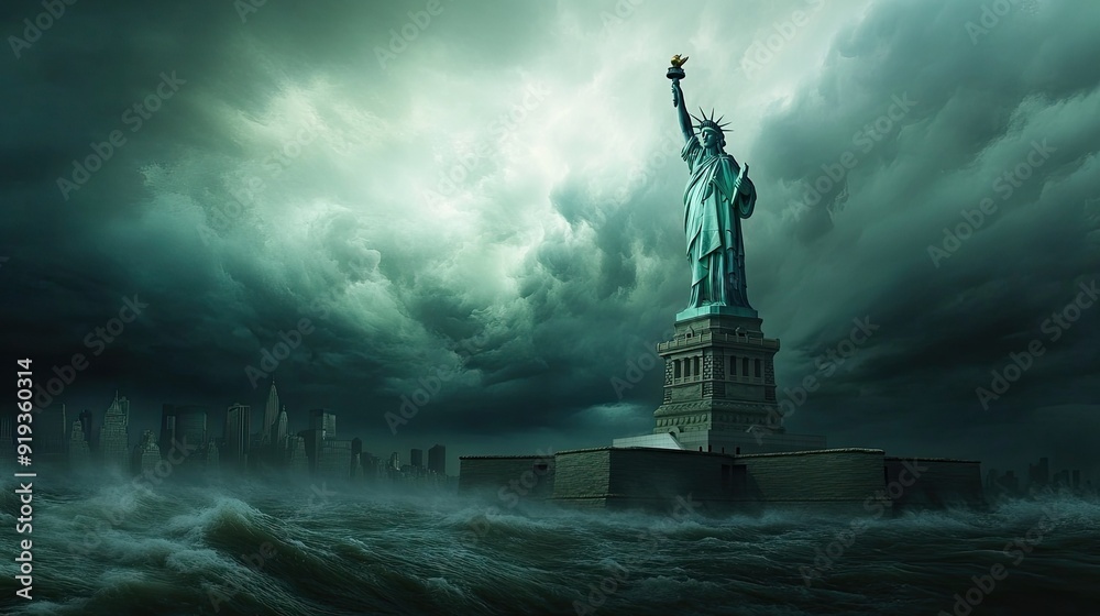 Fototapeta premium The Statue of Liberty standing tall against a backdrop of stormy clouds, symbolizing resilience and hope in the face of adversity.