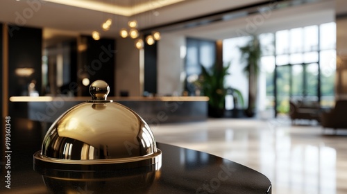 A gold tray with a silver dome sits on a black countertop in a hotel lobby