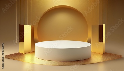 Beautiful gold minimal pedestal podium, for cosmetic product presentation, 3d rendering illustration.