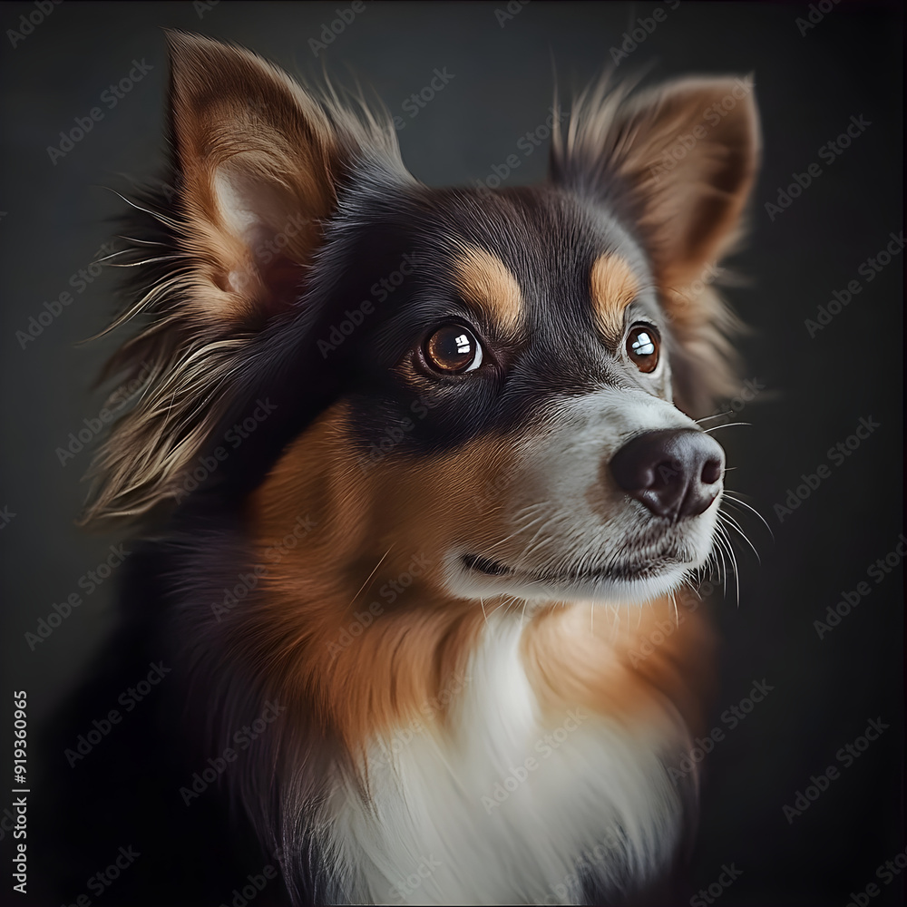 Border collie dog posing with a hopeful expression on a dark background, looking up Border collie dog posing with a hopeful expression on a dark background, looking up