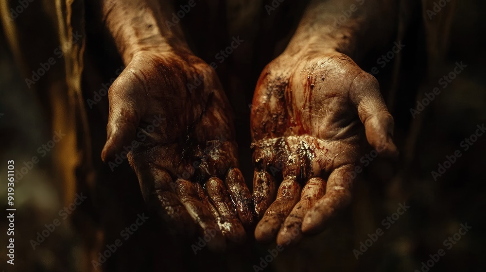 A close-up of Jesus Christ hands, showing the nail marks, set against a background of light and shadow, symbolizing his resurrection and triumph over death. A close-up of Jesus Christ hands, showing the nail marks, set against a background of light and shadow, symbolizing his resurrection and triumph over death.