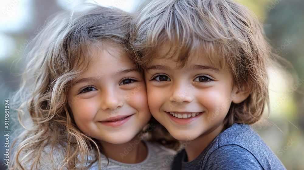 Siblings happily posing together, capturing a joyful childhood moment Siblings happily posing together, capturing a joyful childhood moment