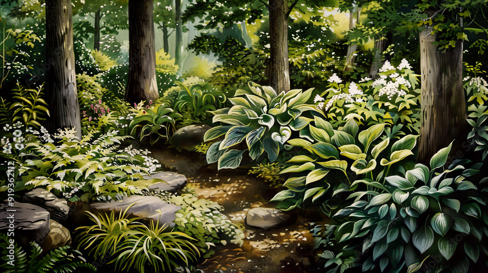 Idyllic watercolor of a shade garden, lush hostas, ferns, gentle evening light ,Ultra-High Detail, Ultra-Realistic