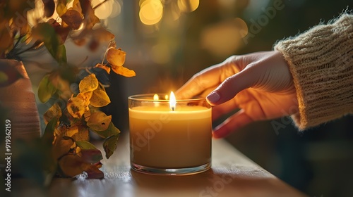 A warm, inviting scene featuring a hand reaching towards a lit candle, surrounded by soft lighting and vibrant flowers.