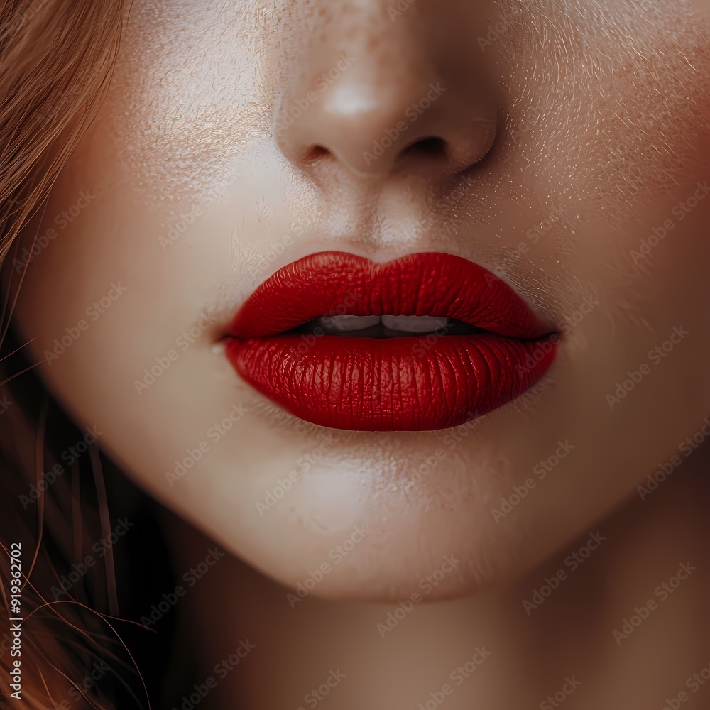 Close-up of a woman's lips featuring a vibrant red lipstick, showcasing a smooth texture and elegant beauty. Close-up of a woman's lips featuring a vibrant red lipstick, showcasing a smooth texture and elegant beauty.