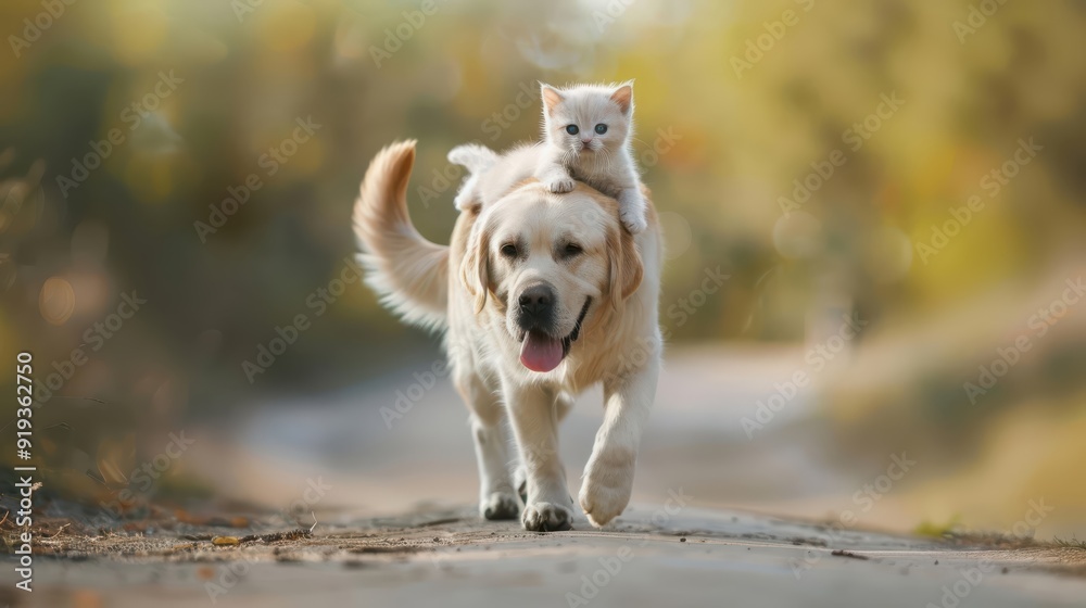 Obraz premium A kitten's dream come true: riding on a big, furry dog. A white kitten riding a Labrador