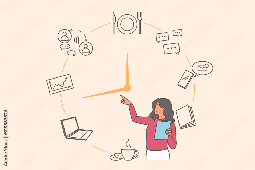Business woman is engaged in time management to increase work productivity, standing near big clock Business woman is engaged in time management to increase work productivity, standing near big clock