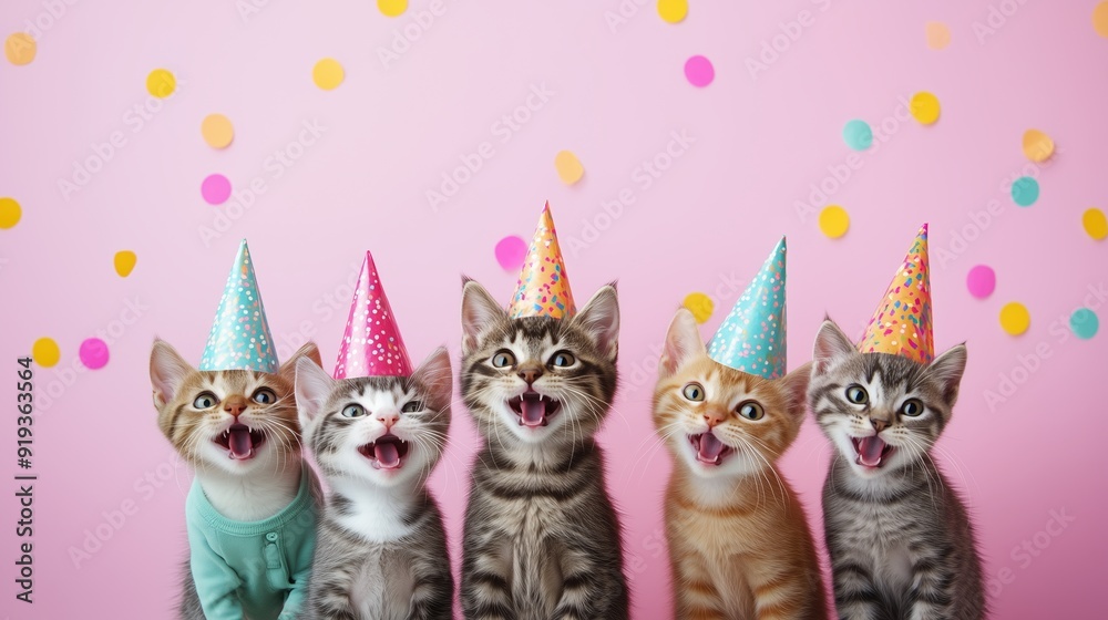 Happy cats wearing party hats and costumes, perfect for any occasion that calls for a fun, joyful, and lively atmosphere. Happy cats wearing party hats and costumes, perfect for any occasion that calls for a fun, joyful, and lively atmosphere.