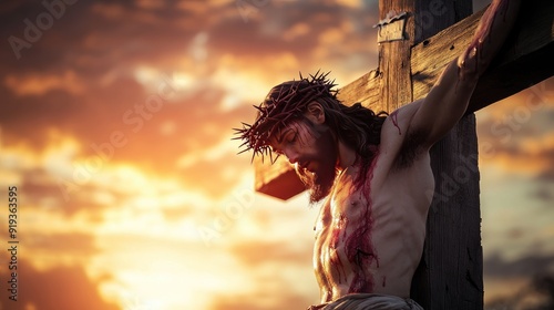 Jesus Christ on the cross, with a crown of thorns, and the sky darkening in the background, capturing the moment of his ultimate sacrifice.