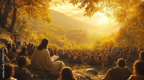 Wallpaper Mural Jesus Christ teaching a crowd of people on a hillside, with a warm, golden light and a sense of peace and wisdom in the air. Torontodigital.ca