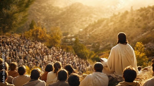 Jesus Christ teaching a crowd of people on a hillside, with a warm, golden light and a sense of peace and wisdom in the air.
