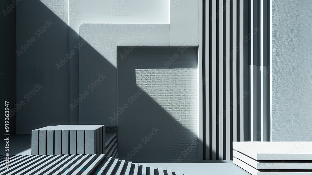 Obraz premium A striking arrangement of geometric shapes showcasing light and shadow in a minimalist modern interior