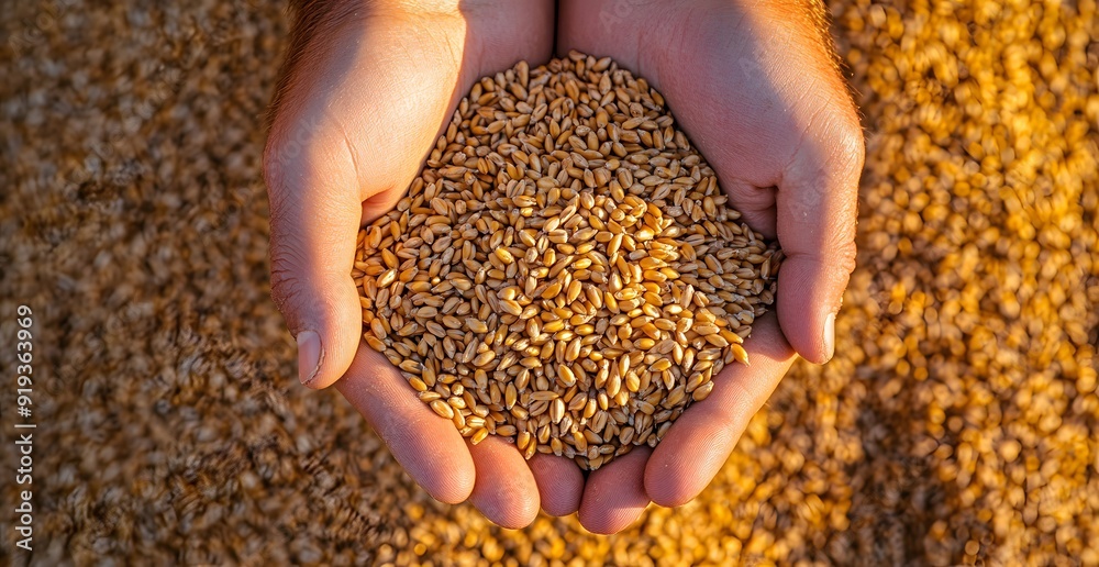 Close-up of hands holding wheat grains over a field background, symbolizing the harvest season and the concept of food production. Close-up of hands holding wheat grains over a field background, symbolizing the harvest season and the concept of food production.