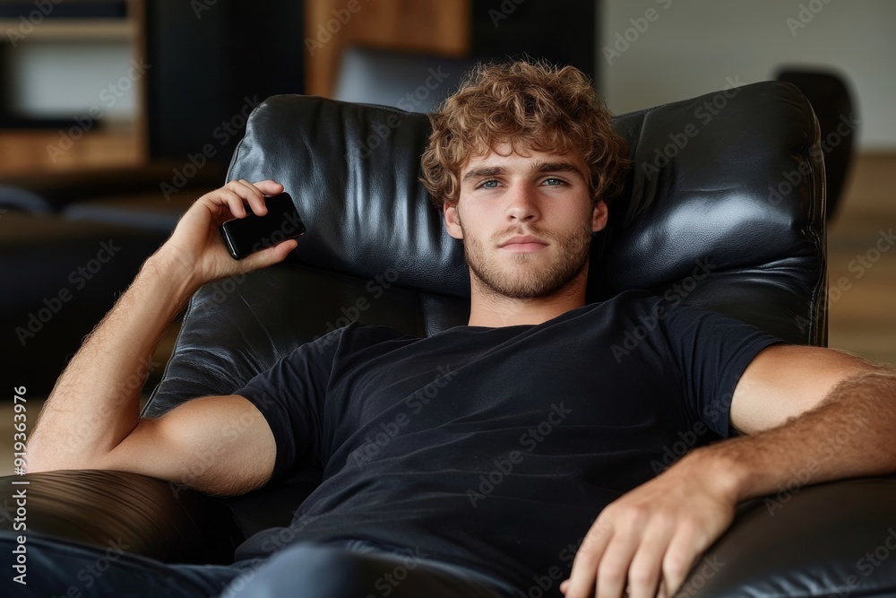 Modern Man in Recliner: A young man, radiating a sense of calm and confidence, relaxes in a plush black recliner, his gaze focused and contemplative as he holds a smartphone. Modern Man in Recliner: A young man, radiating a sense of calm and confidence, relaxes in a plush black recliner, his gaze focused and contemplative as he holds a smartphone.