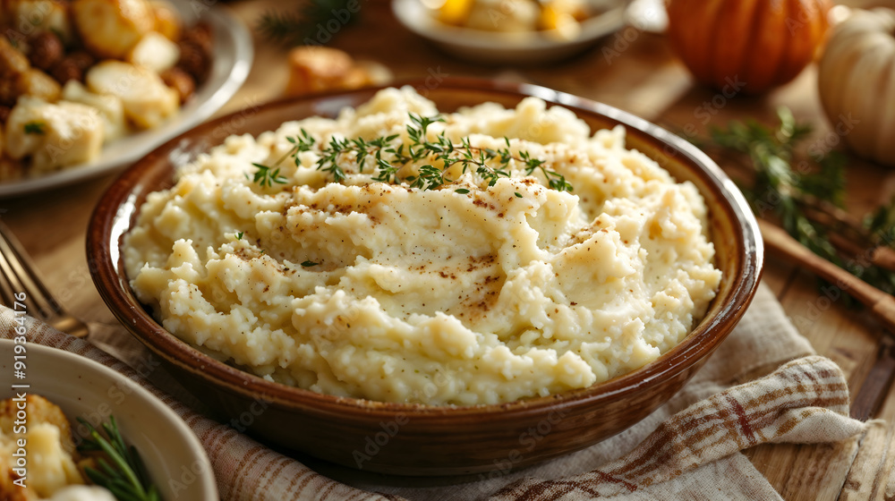 Mashed potatoes with chives sprinkled on top, placed on a rustic table alongside other Thanksgiving foods, soft natural light creating a festive and cozy mood Mashed potatoes with chives sprinkled on top, placed on a rustic table alongside other Thanksgiving foods, soft natural light creating a festive and cozy mood