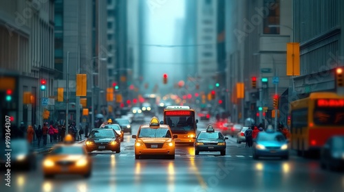 A blurred city street scene with yellow taxis and traffic lights in an urban environment, conveying a busy metropolitan vibe.