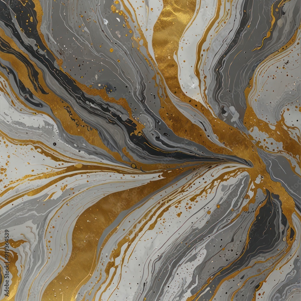 An abstract design with fluid, marbled patterns in shades of white, grey, and gold. An abstract design with fluid, marbled patterns in shades of white, grey, and gold.