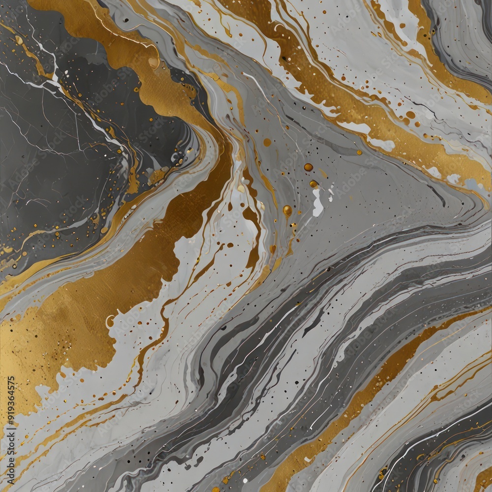 An abstract design with fluid, marbled patterns in shades of white, grey, and gold.