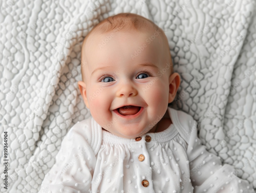 Sweet Baby Smiling on Soft Blanket Gazing Up with Joy - Adorable Infant Portrait Sweet Baby Smiling on Soft Blanket Gazing Up with Joy - Adorable Infant Portrait