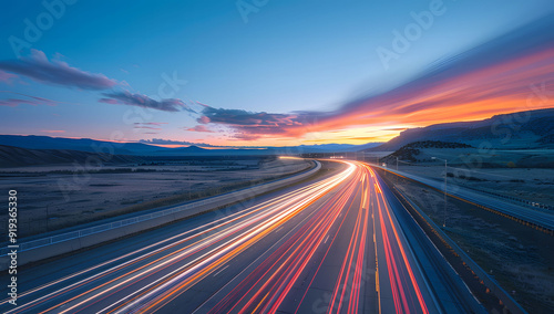 A long exposure photo of a highway at sunset, with light trails from cars creating streaks across the horizon. The road leads into the distance, with hills in the background, evoking a sense of speed.