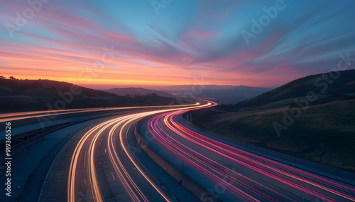 A long exposure photo of a highway at sunset, with light trails from cars creating streaks across the horizon. The road leads into the distance, with hills in the background, evoking a sense of speed.