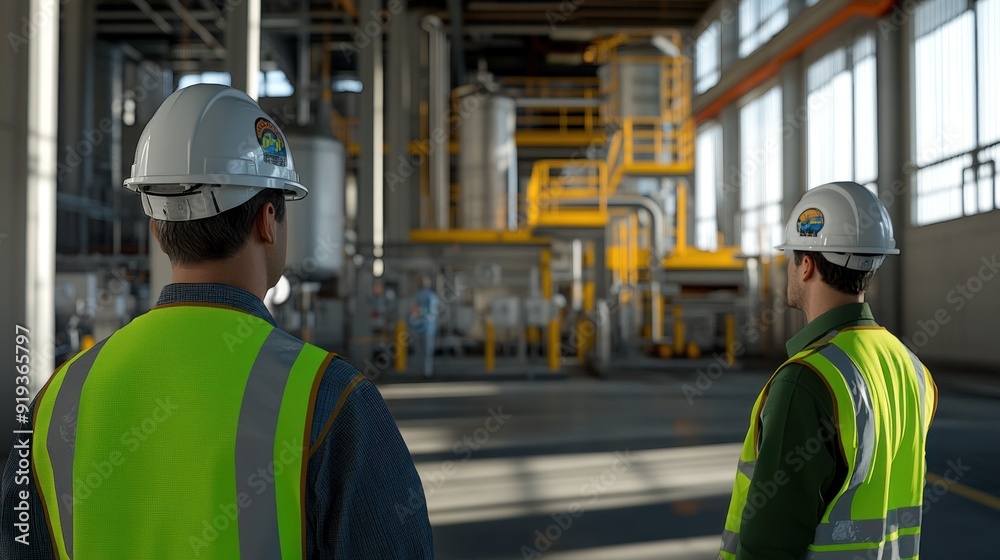 Generate a photo realistic image of safety orientation for contractors at an industrial site, with site-specific safety rules, contractor safety training, and safety compliance briefing visible Generate a photo realistic image of safety orientation for contractors at an industrial site, with site-specific safety rules, contractor safety training, and safety compliance briefing visible