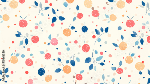 Pastel fruits and leaves dance in a playful pattern, dotted with color on a white canvas.