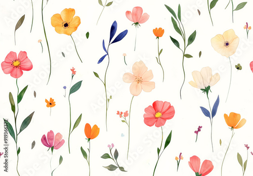 Vibrant watercolor wildflowers dance on a pristine white canvas, a minimalist bouquet of color.