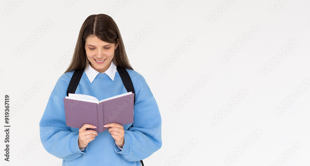 Photo of optimistic cute long hairdo lady reading book wear spectacles blue sweatshirt isolated on white color background Photo of optimistic cute long hairdo lady reading book wear spectacles blue sweatshirt isolated on white color background