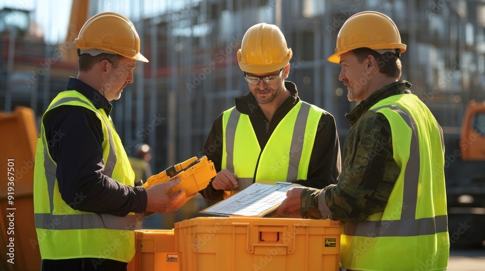 Generate a photo realistic image of supervisors inspecting safety toolboxes at a construction site, with toolbox contents, inspection checklist, and safety briefing visible; Generate a photo realistic image of supervisors inspecting safety toolboxes at a construction site, with toolbox contents, inspection checklist, and safety briefing visible;