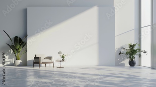 Large blank smooth white wall with empty frame in ultra modern minimalistic furniture living room. Interior mock-up, banner, copy space